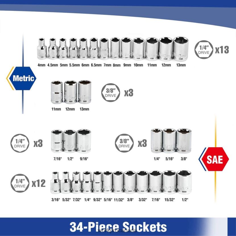 Helpful WORKPRO 39 Pcs Drive Socket Wrench Mechanics Tool Set with Tool Box Metric and SAE Tool ZNRDXV310
