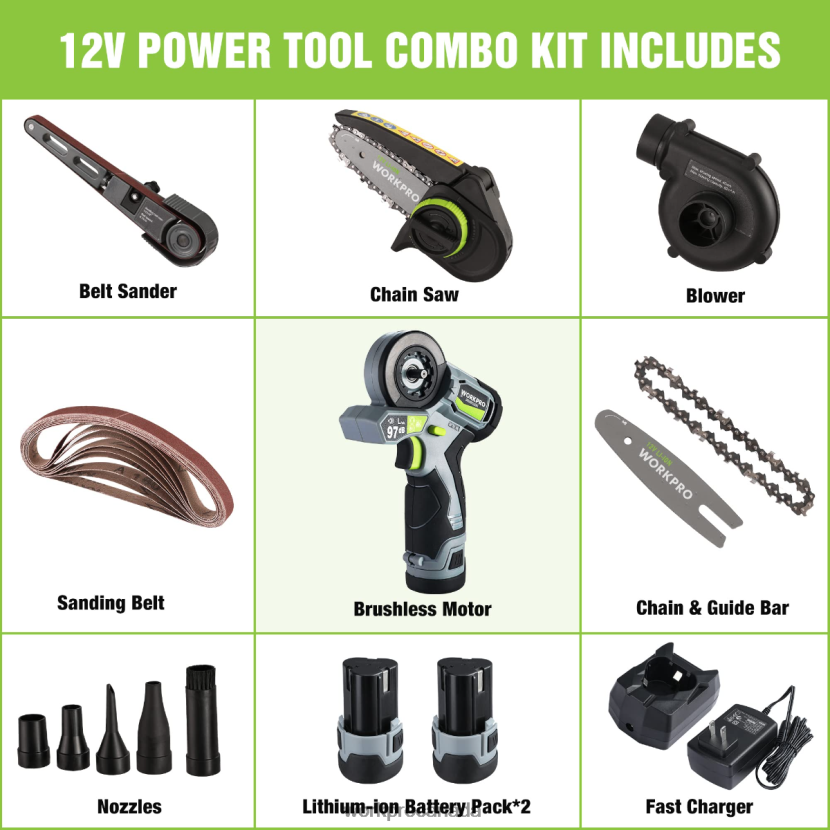 Morden WORKPRO Cordless Detail Belt Sander, Mini Chain Saw, Electric Blower, 3-in-1 Power Tool Combo Kit Tool ZNRDXV296