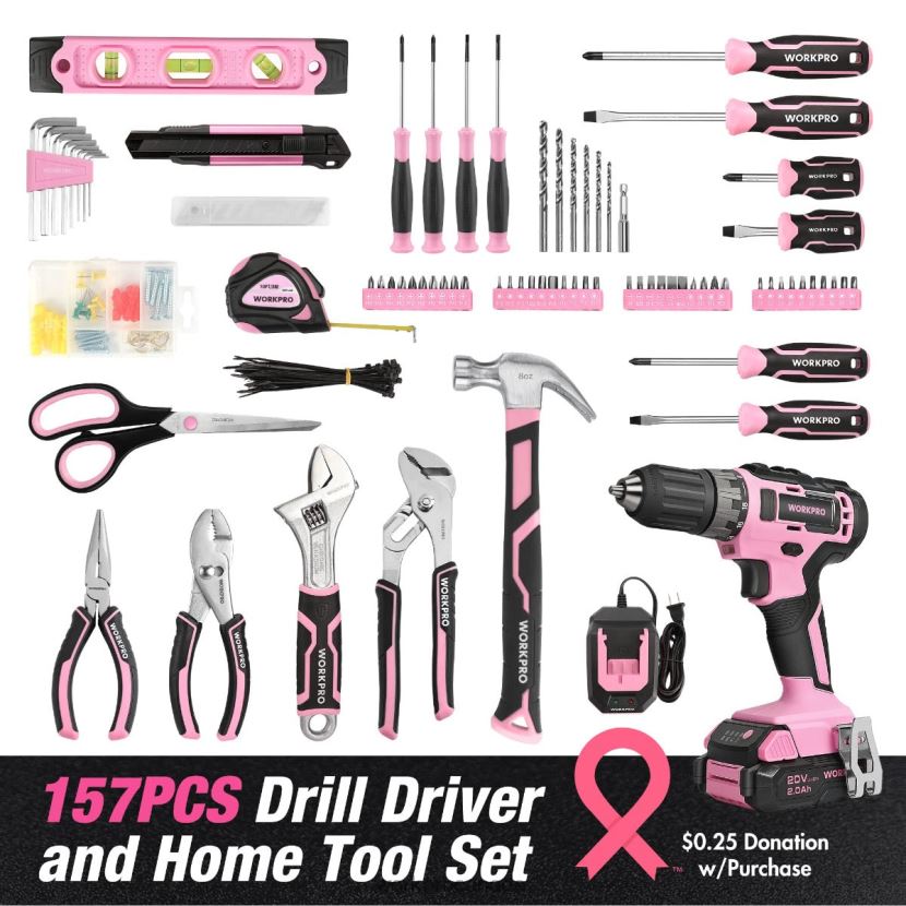 Pink/Grey WORKPRO 157-Piece Cordless Drill Combo Kit with 20V Cordless Lithium-ion Tool ZNRDXV259