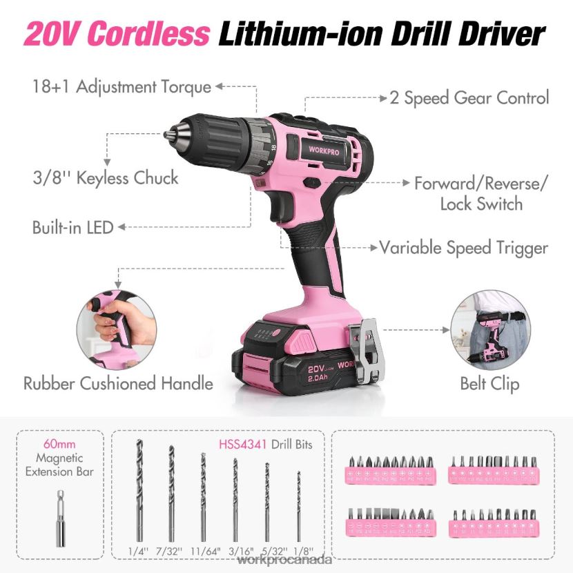 Pink/Grey WORKPRO 157-Piece Cordless Drill Combo Kit with 20V Cordless Lithium-ion Tool ZNRDXV259
