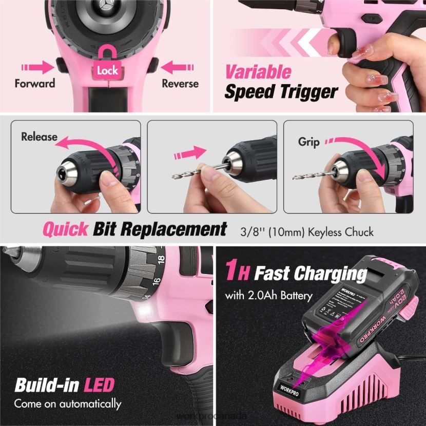 Pink/Grey WORKPRO 157-Piece Cordless Drill Combo Kit with 20V Cordless Lithium-ion Tool ZNRDXV259