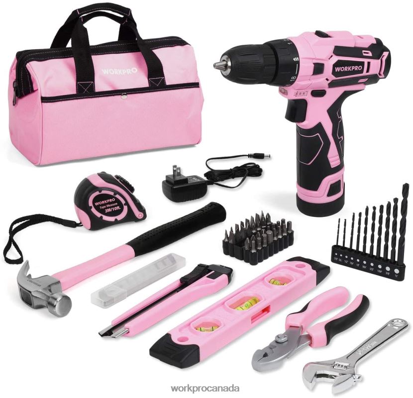 Pink WORKPRO 12V Cordless Drill and Home Tool Kit with 14-inch Storage Bag Tool ZNRDXV258