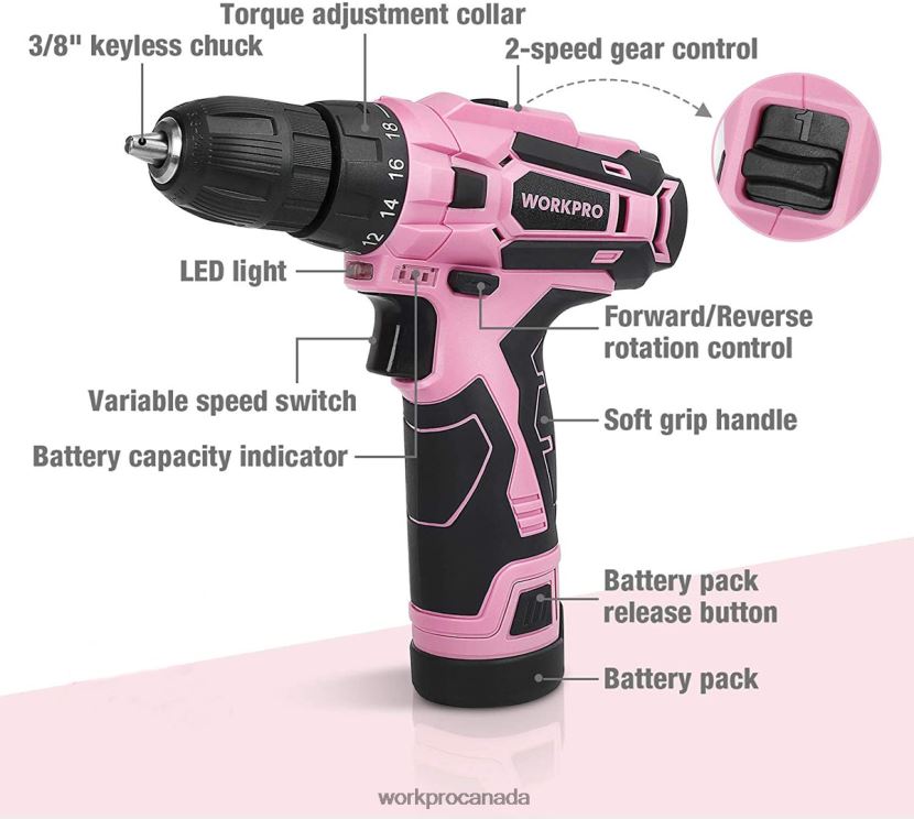 Pink WORKPRO 12V Cordless Drill and Home Tool Kit with 14-inch Storage Bag Tool ZNRDXV258