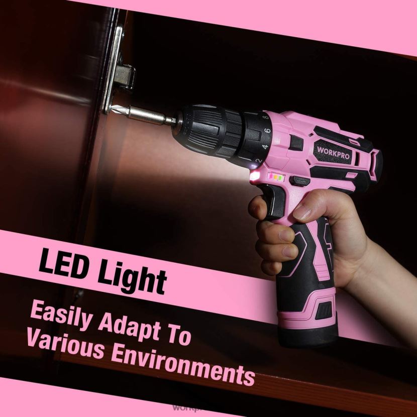 Pink WORKPRO 12V Cordless Drill and Home Tool Kit with 14-inch Storage Bag Tool ZNRDXV258