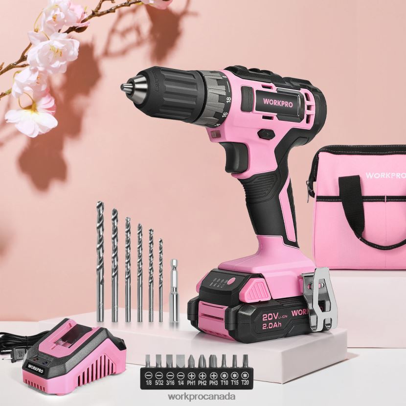 Pink WORKPRO 20V Cordless Drill Driver Set with Fast Charger and 11-inch Storage Bag Included Tool ZNRDXV261