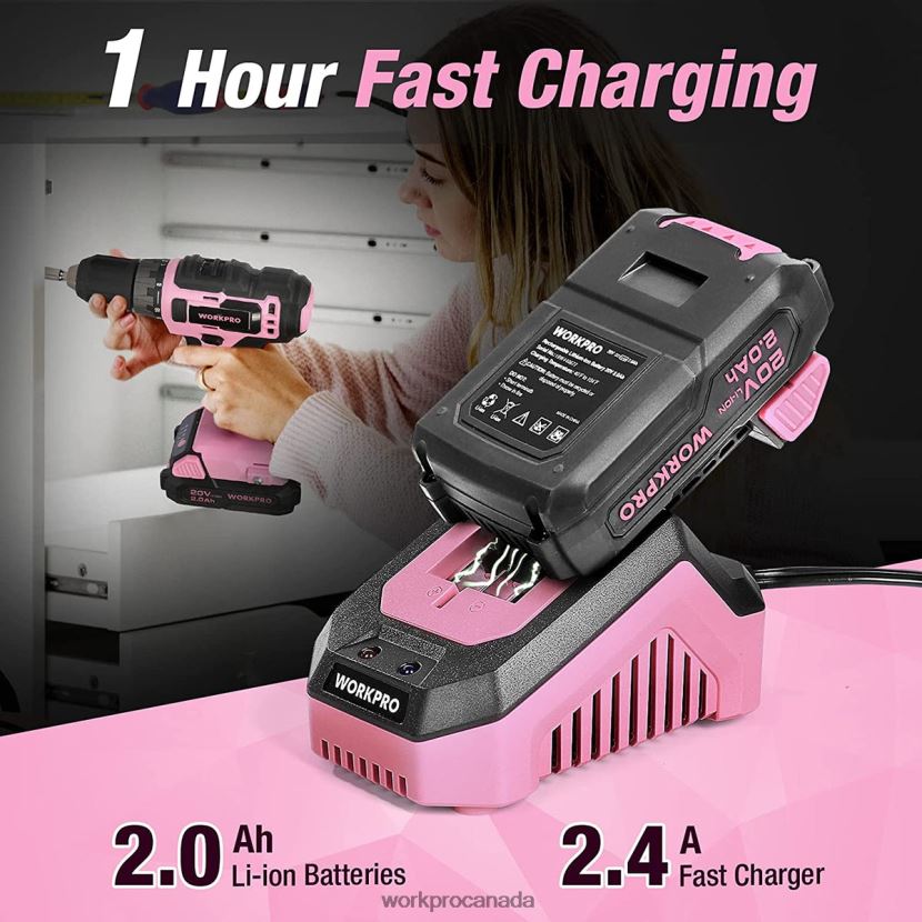 Pink WORKPRO 20V Cordless Drill Driver Set with Fast Charger and 11-inch Storage Bag Included Tool ZNRDXV261