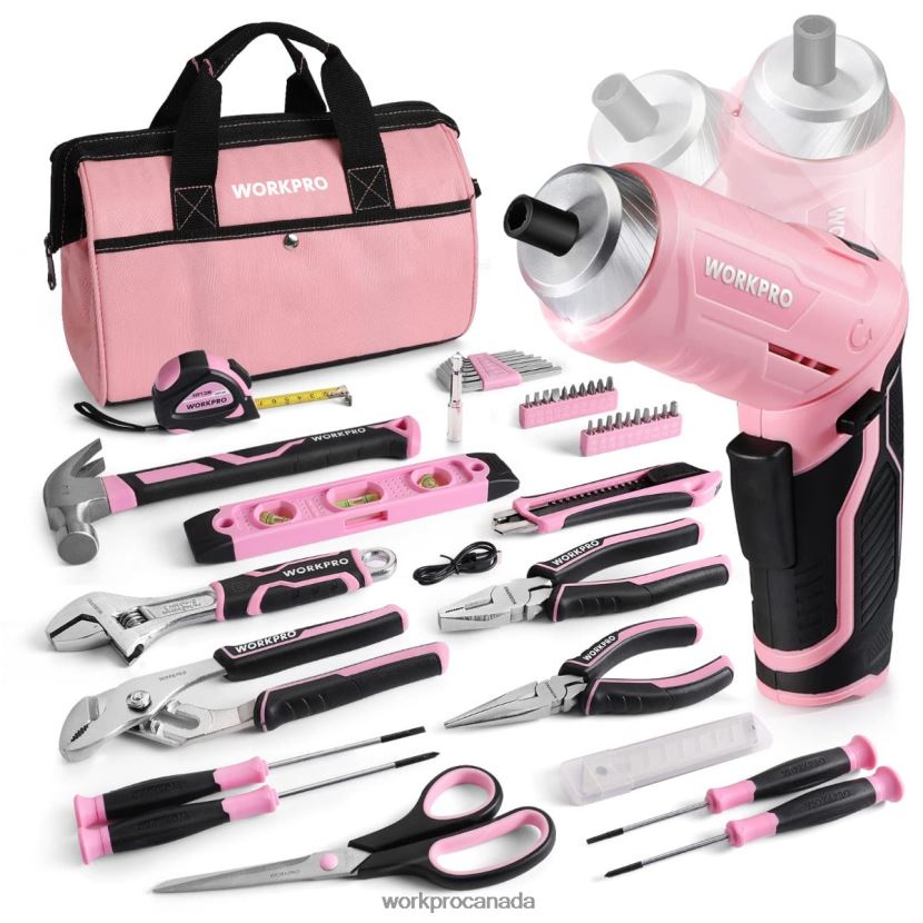 Pink WORKPRO 55 Pcs Tools Set, 3.7V Rotatable Cordless Screwdriver and Household Tool Kit Tool ZNRDXV264