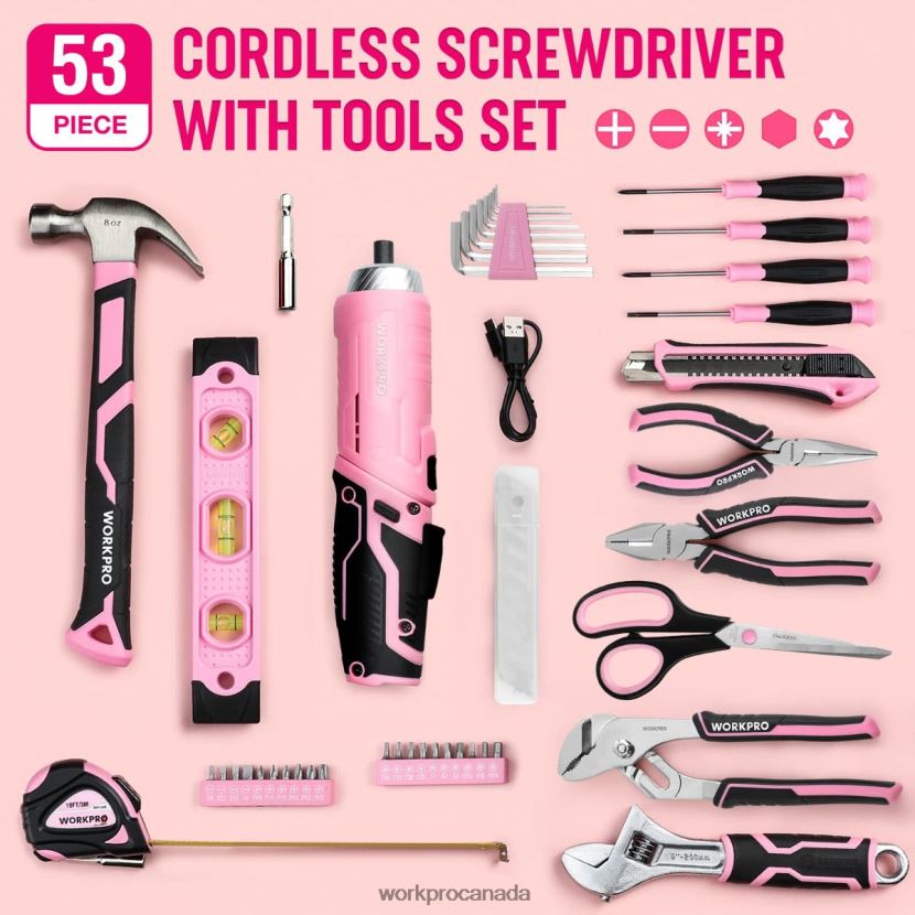 Pink WORKPRO 55 Pcs Tools Set, 3.7V Rotatable Cordless Screwdriver and Household Tool Kit Tool ZNRDXV264