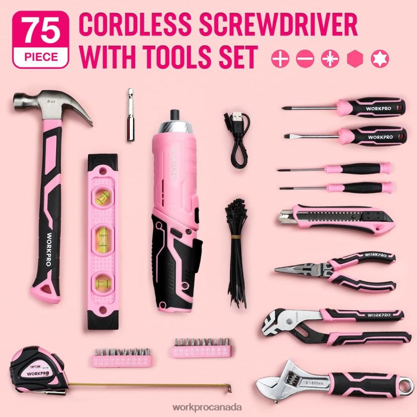 Pink WORKPRO 75 Pcs Tools Set, 3.7V Rotatable Cordless Screwdriver, and Household Tool Kit Tool ZNRDXV260