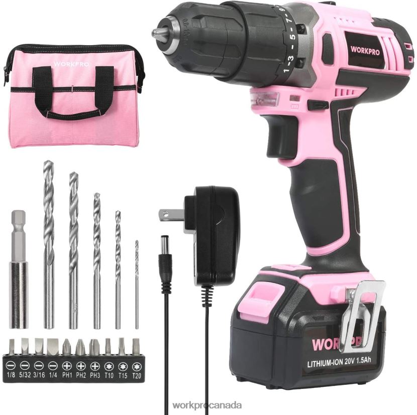 Pink WORKPRO Cordless 20V Lithium-ion Drill Driver Set Tool ZNRDXV262