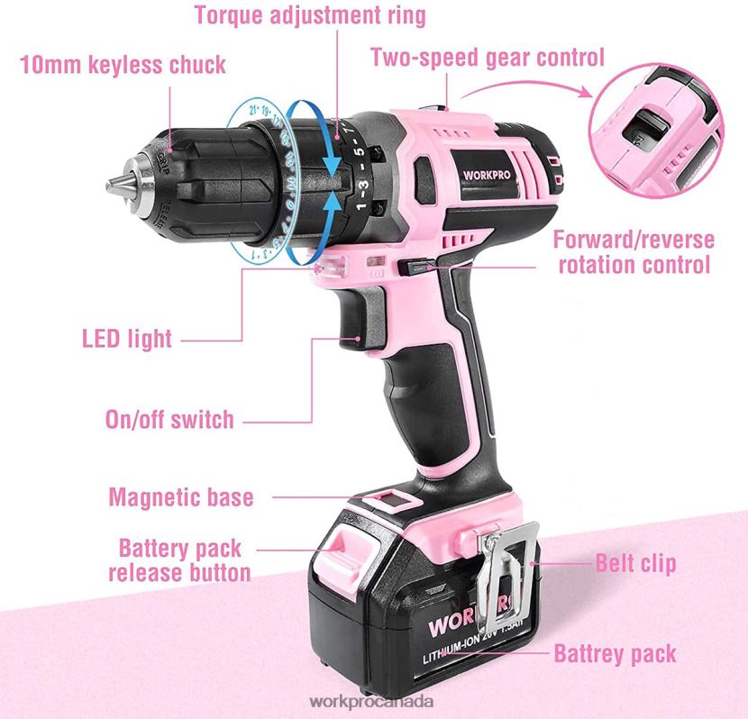 Pink WORKPRO Cordless 20V Lithium-ion Drill Driver Set Tool ZNRDXV262
