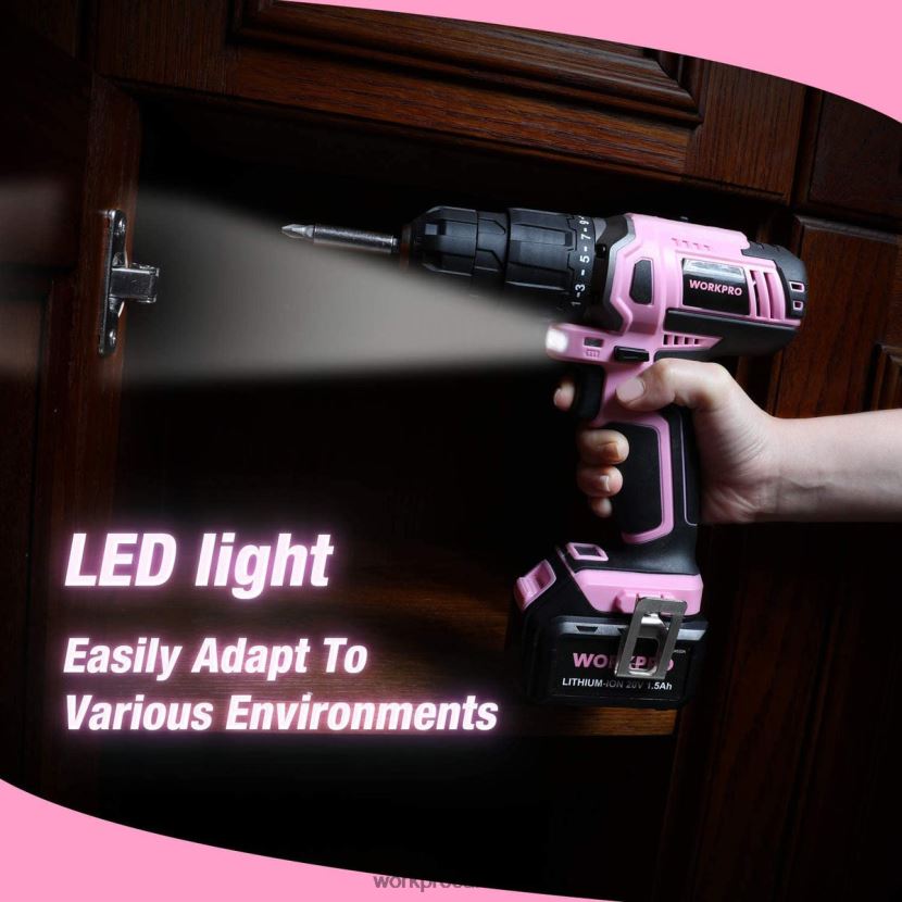 Pink WORKPRO Cordless 20V Lithium-ion Drill Driver Set Tool ZNRDXV262