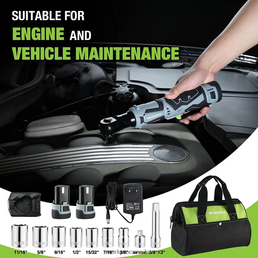 Useful WORKPRO Cordless Electric Ratchet Wrench, 12V 40 Ft-lbs Electric Ratchet Wrench 9 Pcs Set Tool ZNRDXV227