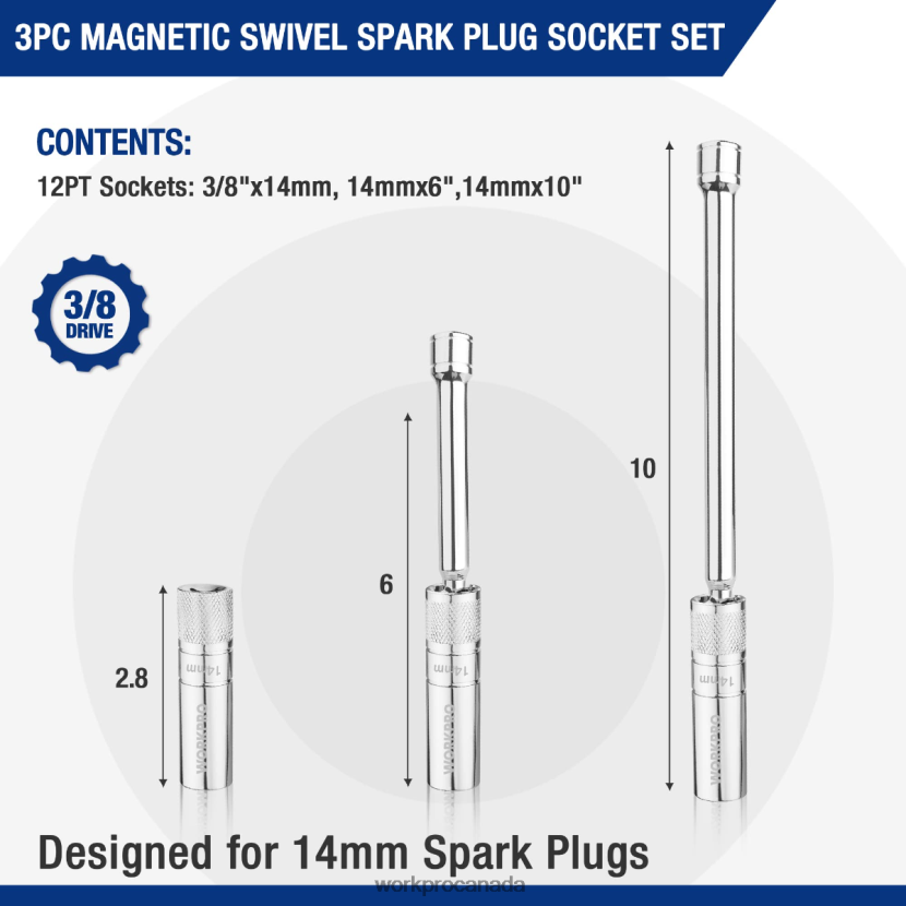 Helpful WORKPRO 3 Pcs-14mm Thin Wall Socket with 6- and 10-inch ExtensionsMagnetic Swivel Spark Plug Socket Set Tool ZNRDXV143