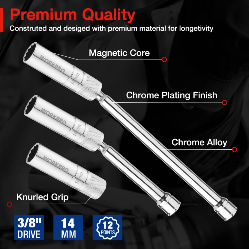Helpful WORKPRO 3 Pcs-14mm Thin Wall Socket with 6- and 10-inch ExtensionsMagnetic Swivel Spark Plug Socket Set Tool ZNRDXV143