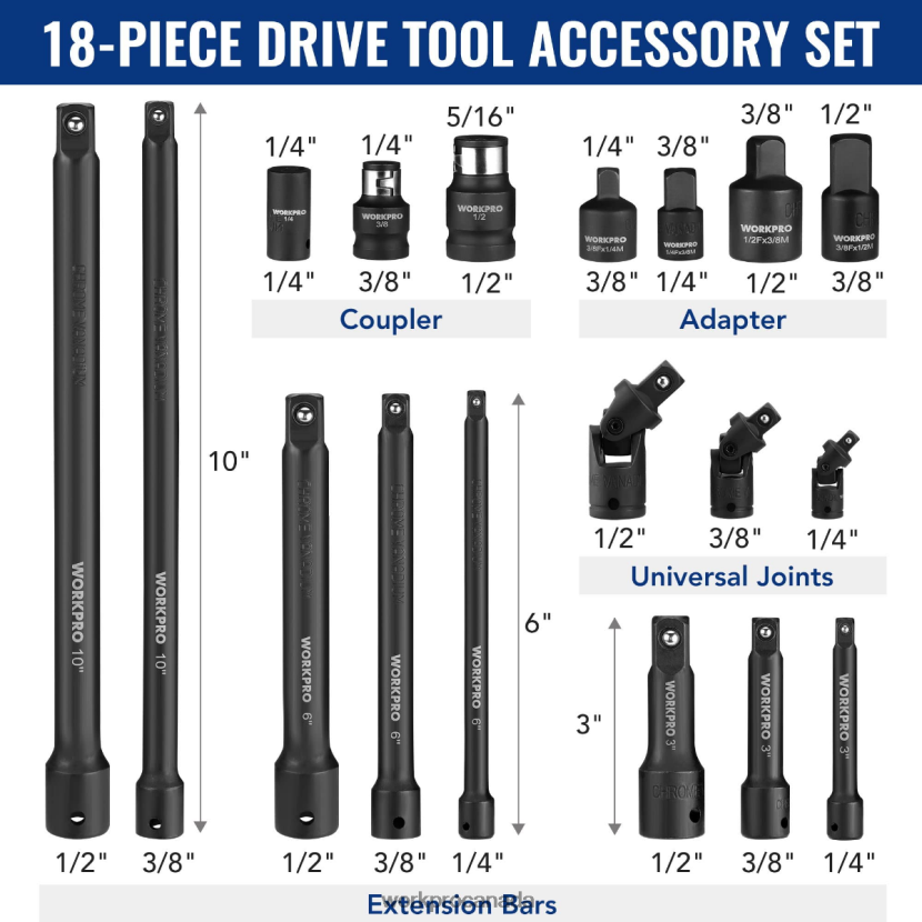 Morden WORKPRO 18 Pcs Drive Tool Accessory Set Tool ZNRDXV137