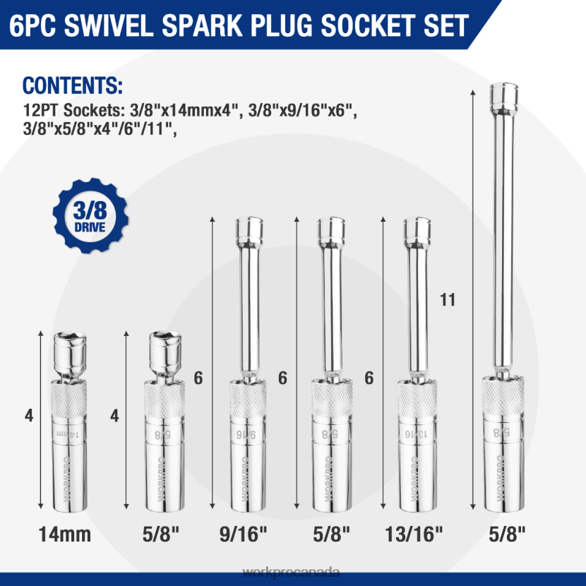 New WORKPRO 6 Pcs-9/16-inch, 5/8-inch, 13/16-inch, 14MM Thin Wall Sockets with 4, 6, 11-inch Extensions Magnetic Swivel Spark Plug Socket Set Tool ZNRDXV139