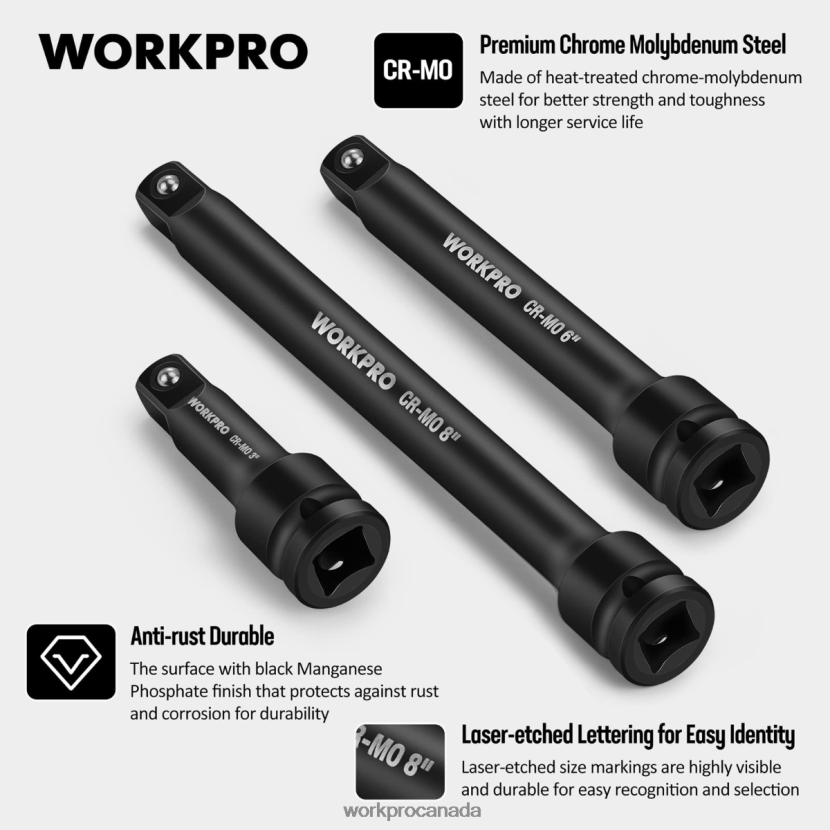 Useful WORKPRO 3 Piece-3, 6, 8 Inch 1/2-Inch Socket Drive Impact Extension Bar Sets Tool ZNRDXV202