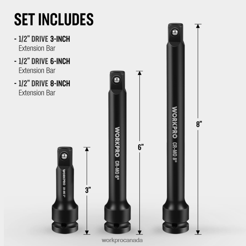 Useful WORKPRO 3 Piece-3, 6, 8 Inch 1/2-Inch Socket Drive Impact Extension Bar Sets Tool ZNRDXV202
