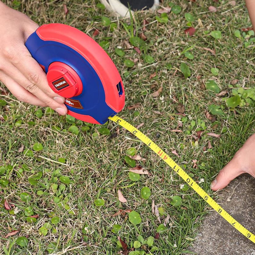 New WORKPRO 100 FT Tape Measure, Closed Reel Steel Long Tape with Foldable Handle, Shock-Resistant Case Tool ZNRDXV106