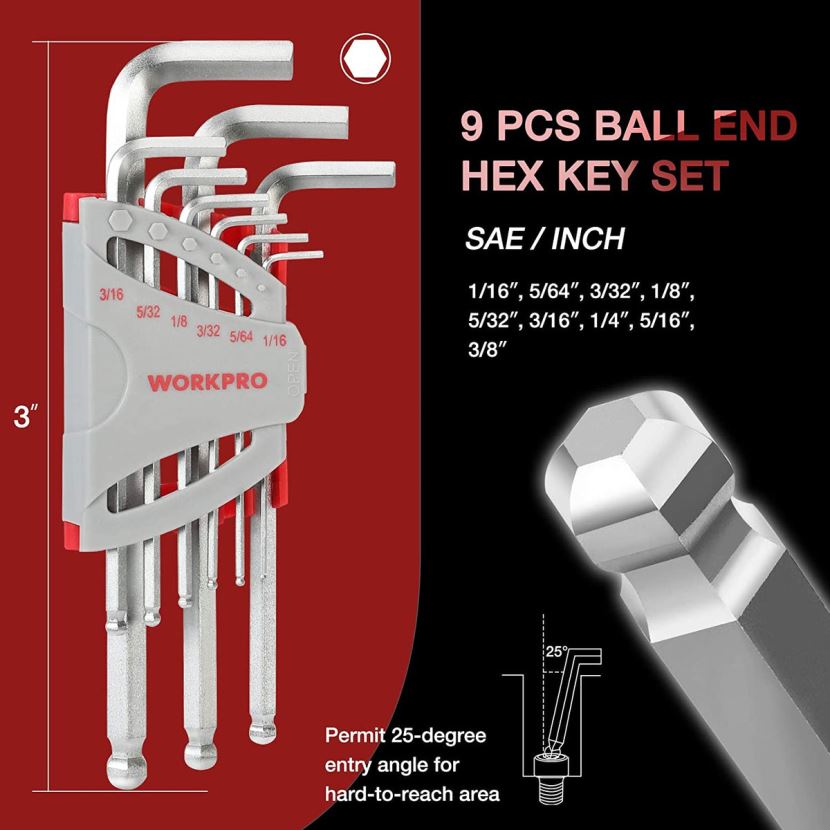 Useful WORKPRO 27 Pcs Long Arm Ball End Allen Wrench Set for Excellent Grip and Torque Transfer Tool ZNRDXV62