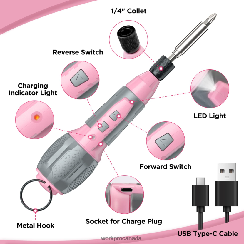 Pink/White WORKPRO Cordless 4V USB Rechargeable Lithium-ion Battery Screwdriver Kit Tool ZNRDXV236