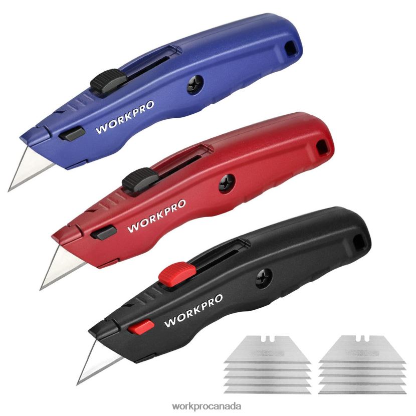 Black/Blue/Red WORKPRO Premium Utility Knife, Retractable All Metal Heavy Duty Box Cutter, Quick Change Blade Razor Knife, with 10 Extra Blades Tool ZNRDXV51