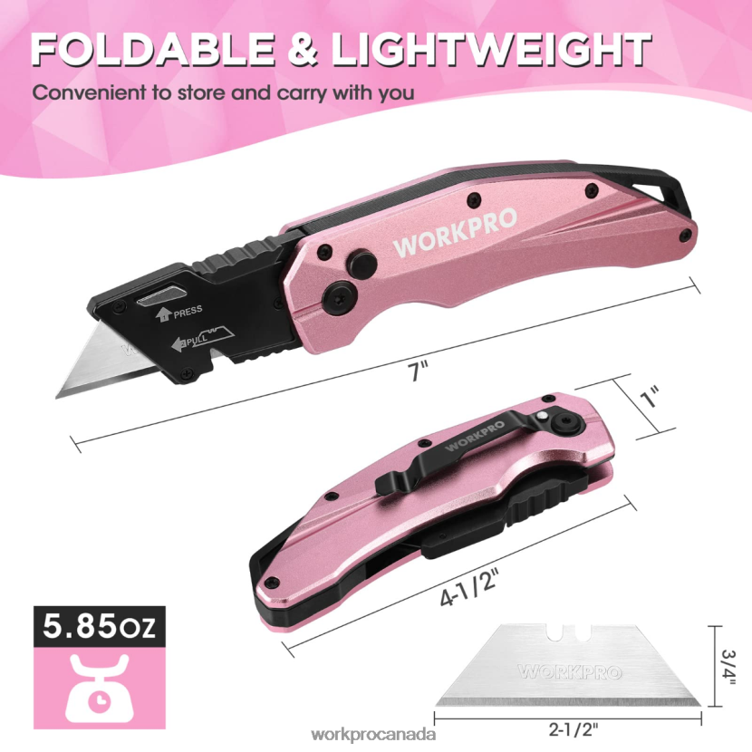 Pink WORKPRO Folding Aluminum Utility Knife, 10 Extra Blades Include Tool ZNRDXV54