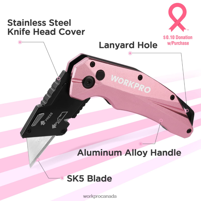 Pink WORKPRO Folding Aluminum Utility Knife, 10 Extra Blades Include Tool ZNRDXV54