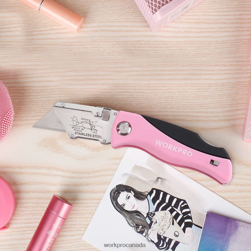 Pink WORKPRO Folding Utility Knife, Quick Change Box Cutter, Razor Knife Tool ZNRDXV36