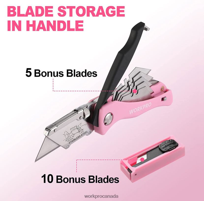 Pink WORKPRO Folding Utility Knife, Quick Change Box Cutter, Razor Knife Tool ZNRDXV36