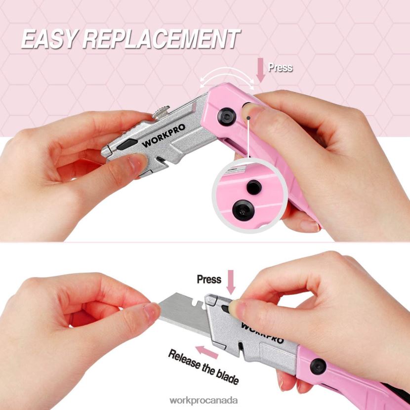 Pink WORKPRO Quick-Change Folding Utility Knife with12 Extra Blades Tool ZNRDXV37