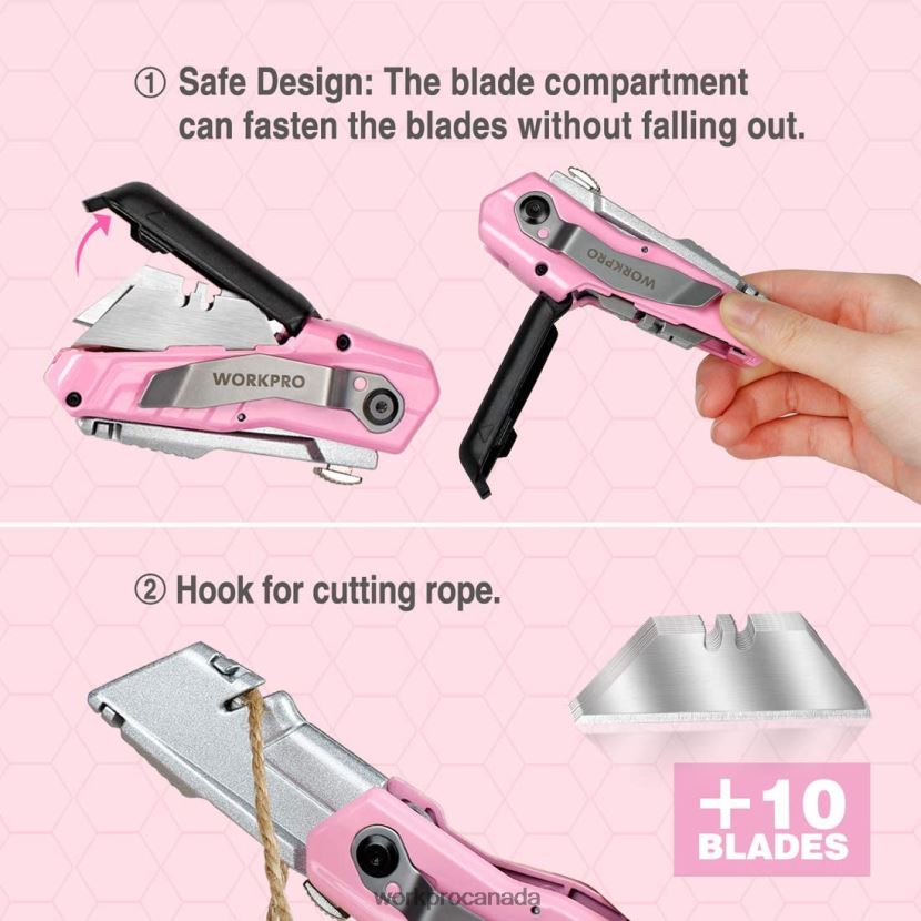 Pink WORKPRO Quick-Change Folding Utility Knife with12 Extra Blades Tool ZNRDXV37