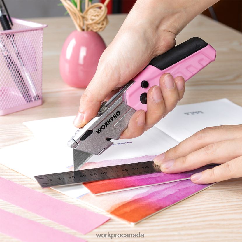 Pink WORKPRO Quick-Change Folding Utility Knife with12 Extra Blades Tool ZNRDXV37