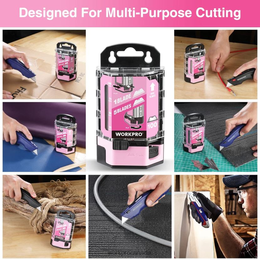 Red/Pink WORKPRO 100 Pcs SK5 Carbon Steel Utility Knife Blades Replacement with Dispenser Tool ZNRDXV49