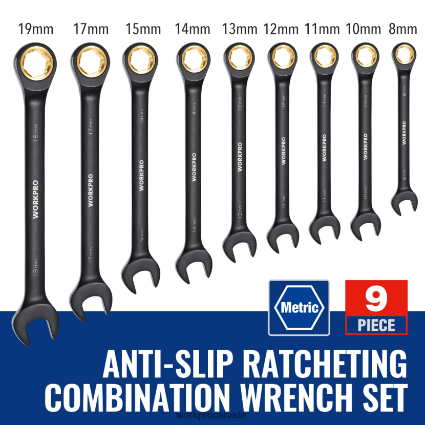 Black WORKPRO 9 Pcs Anti-Slip Ratcheting Combination Wrench Set Tool ZNRDXV88