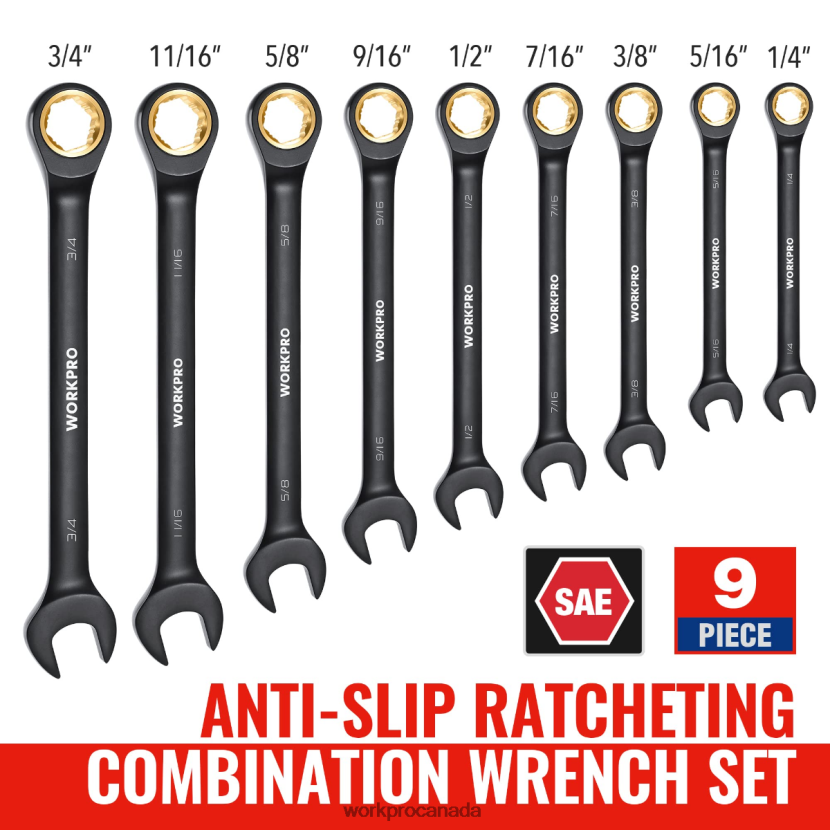 Black WORKPRO 9 Pcs Anti-Slip Ratcheting Combination Wrench Set Tool ZNRDXV88