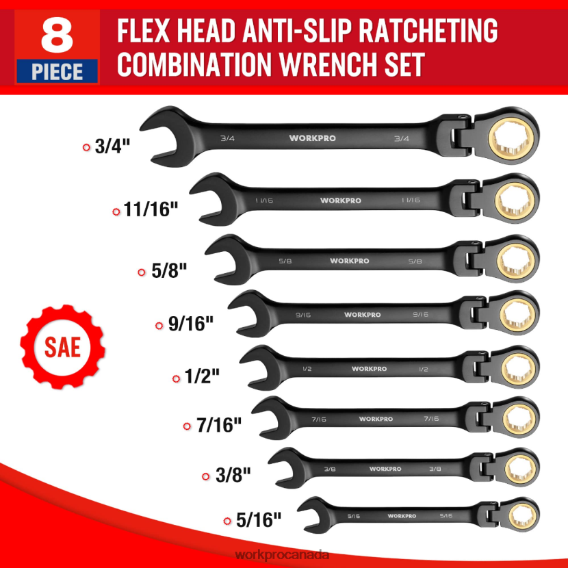 Morden WORKPRO 8 Pcs Ratcheting Combination Flex-Head Anti-Slip Wrench Set Tool ZNRDXV80