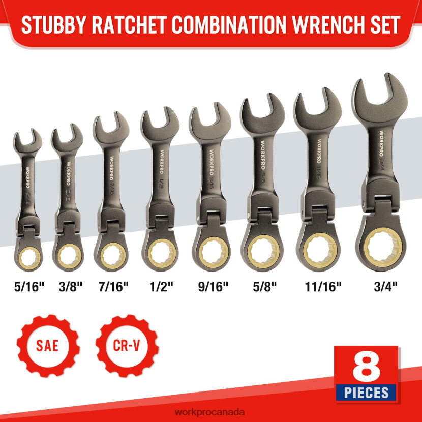 New WORKPRO 8 Pcs Flex-Head Stubby Ratcheting Combination Wrench Set Tool ZNRDXV82