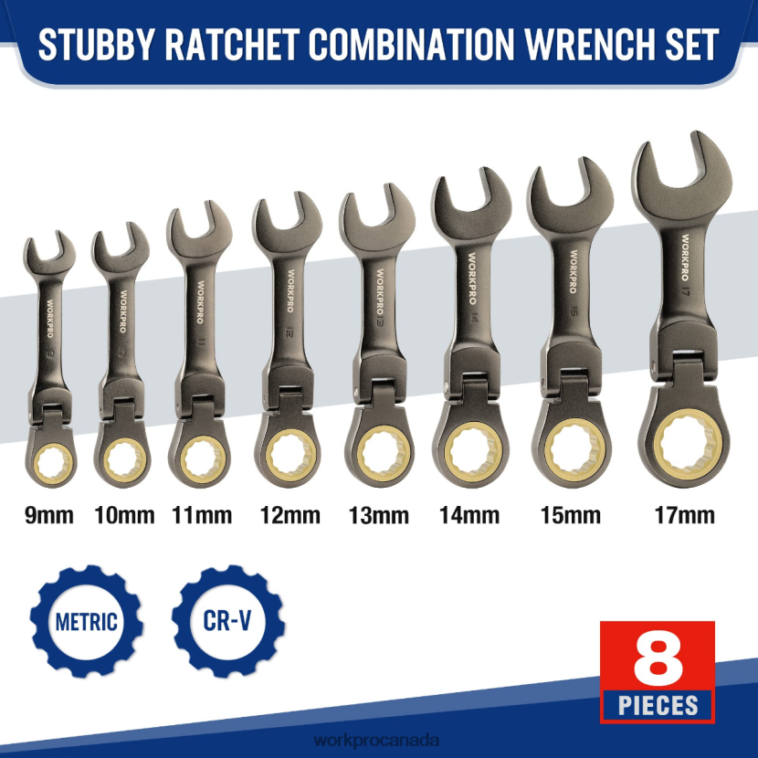 New WORKPRO 8 Pcs Flex-Head Stubby Ratcheting Combination Wrench Set Tool ZNRDXV82