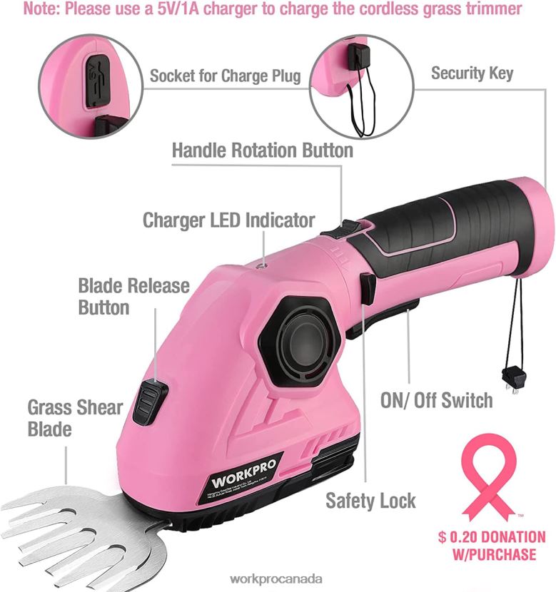 Pink WORKPRO 2 in 1 Handheld Hedge Trimmer 7.2V Electric Grass Trimmer/Hedge Shears Tool ZNRDXV266