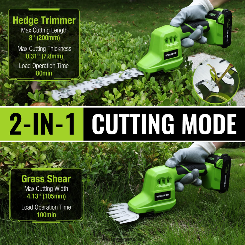 Useful WORKPRO 2 in 1 20V Electric Cordless Grass Hedge Shear & Handheld Shrubbery Trimmer, with 2.0Ah Rechargeable Lithium-Ion Battery and 1 Hour Fast Charger Tool ZNRDXV302
