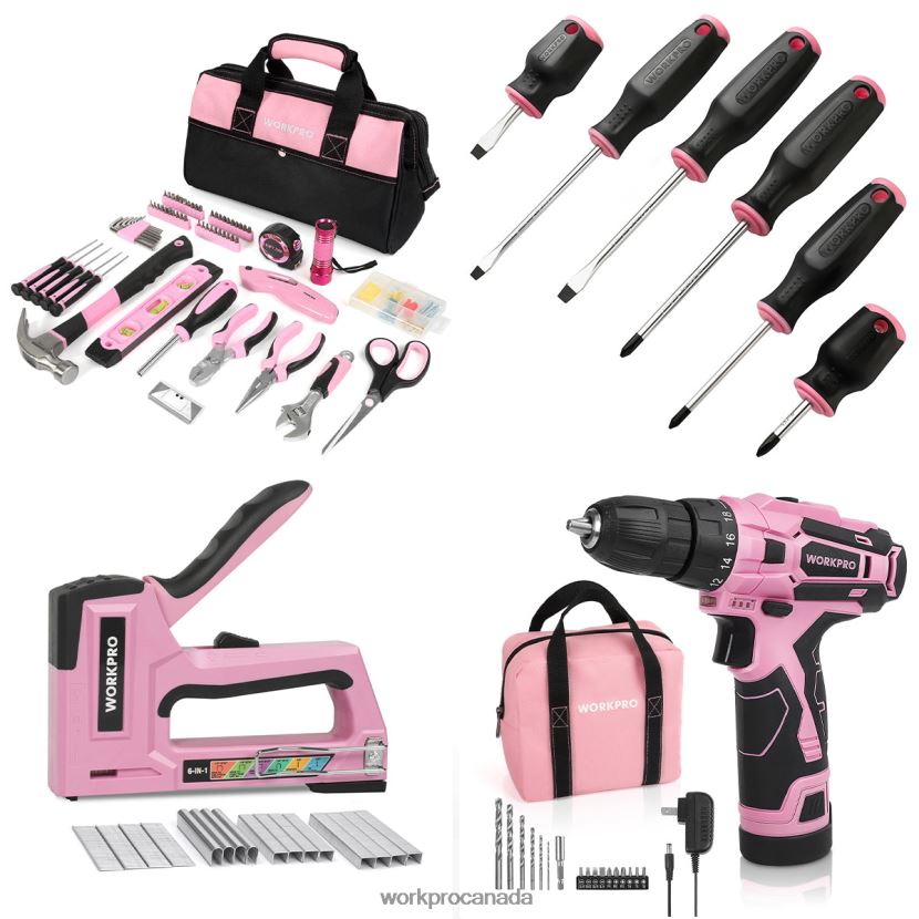 Pink WORKPRO 106 Pcs Tool Kit & 6 Pcs Magnetic Screwdrivers & 12V Cordless Drill Driver Kit & 6-in-1 Staple Gun Tool ZNRDXV312