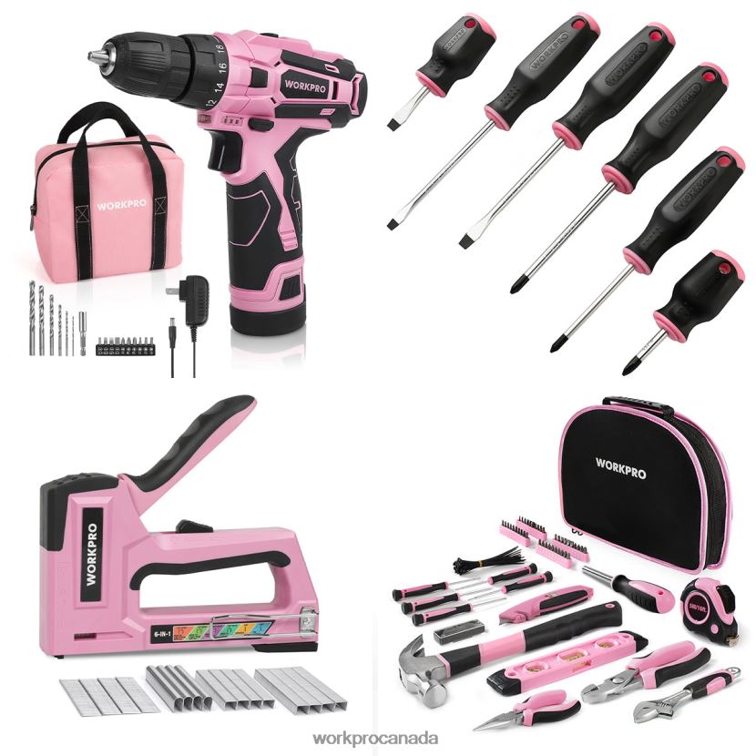 Pink WORKPRO 12V Cordless Drill Driver Kit & 103 Pcs Tool Kit & 8 Pcs Magnetic Screwdrivers Set & 6-in-1 Staple Gun Tool ZNRDXV315