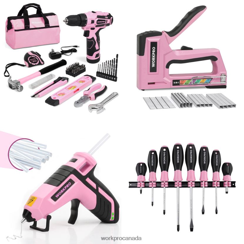 Pink WORKPRO 12V Cordless Drill Set & 6-in-1 Staple Gun & 8 Pcs Magnetic Screwdrivers Set & Cordless Hot Melt Glue Gun Tool ZNRDXV313