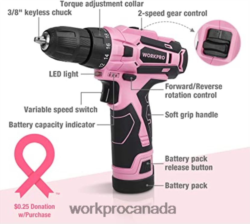 Pink WORKPRO 12V Cordless Drill Set & 6-in-1 Staple Gun & 8 Pcs Magnetic Screwdrivers Set & Cordless Hot Melt Glue Gun Tool ZNRDXV313