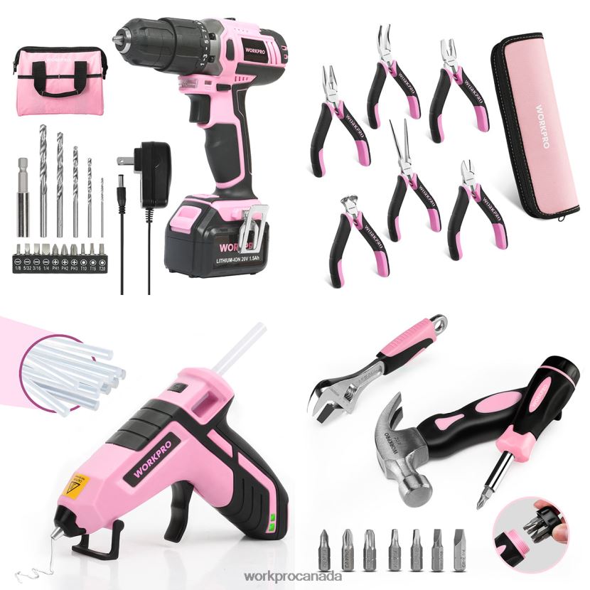 Pink WORKPRO 20V Cordless Drill Driver Set & 6-Piece Mini Pliers & 10-piece Tool Kit & Cordless Glue Gun Tool ZNRDXV316