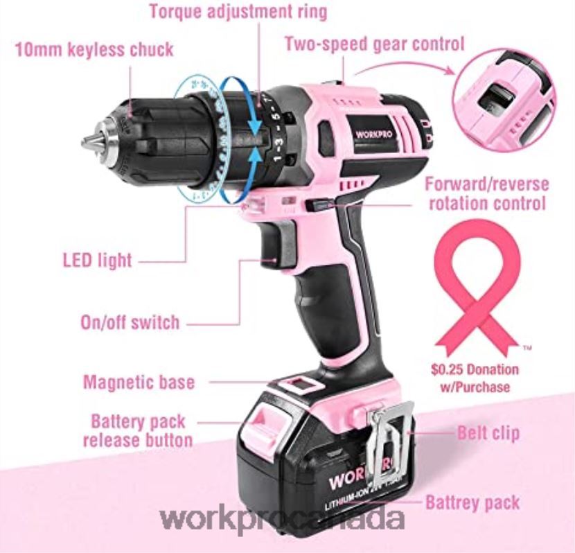 Pink WORKPRO 20V Cordless Drill Driver Set & 6-Piece Mini Pliers & 10-piece Tool Kit & Cordless Glue Gun Tool ZNRDXV316