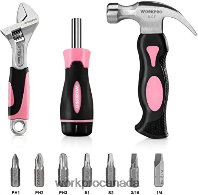 Pink WORKPRO 20V Cordless Drill Driver Set & 6-Piece Mini Pliers & 10-piece Tool Kit & Cordless Glue Gun Tool ZNRDXV316