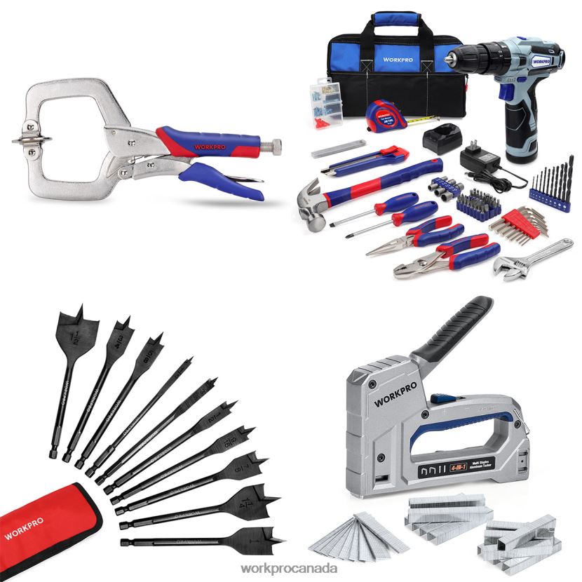 Useful WORKPRO Face Clamp & 12V Cordless Drill and Home Tool Kit & 10 Pcs Pro Spade Drill Bit Set & 4-in-1 Staple Gun Heavy-Duty Tool ZNRDXV318